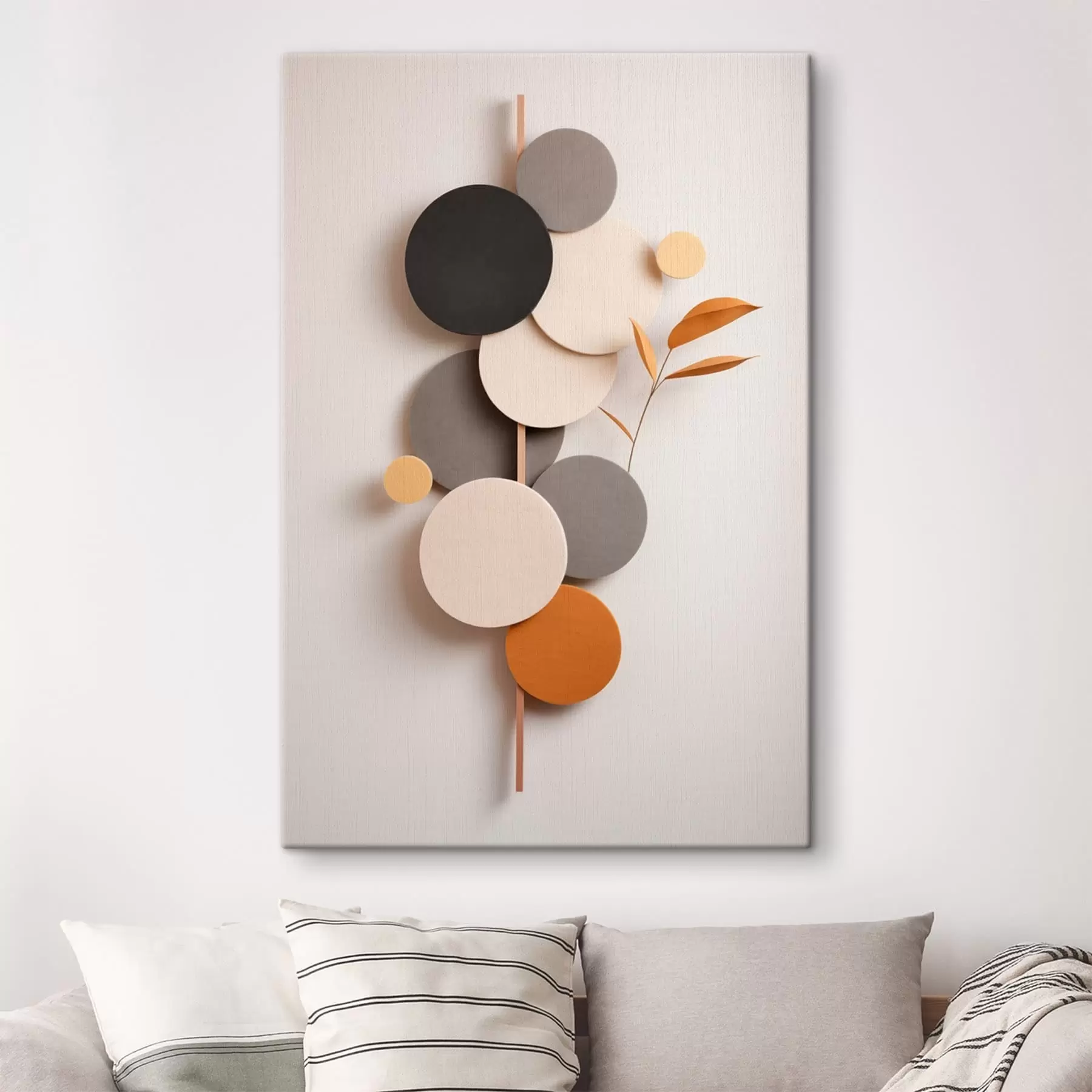  Peintures Cercles abstraits avec des feuilles dans des tons neutres s48602