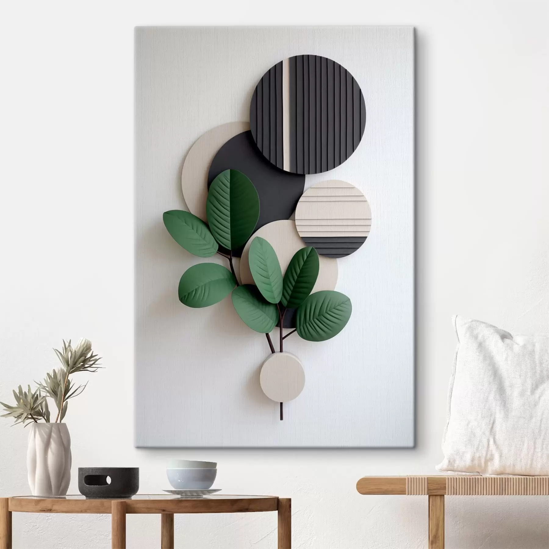  Peintures Feuilles vertes avec des éléments ronds en relief s48603