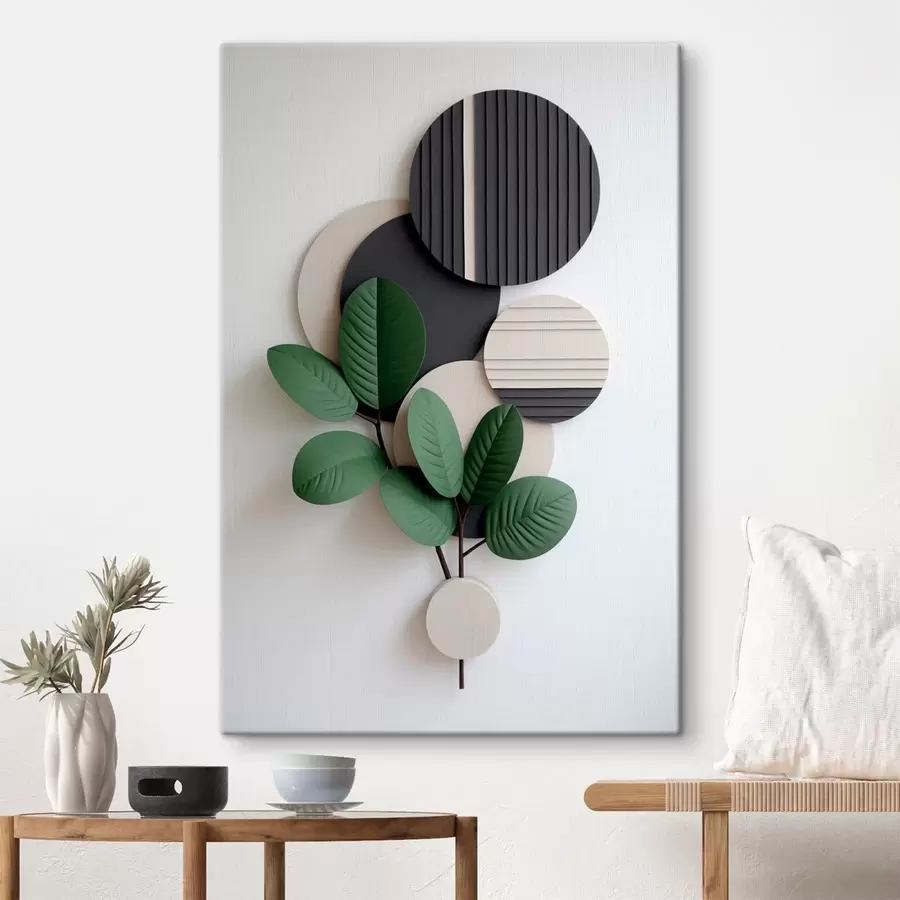  Peintures Feuilles vertes avec des éléments ronds en relief s48603