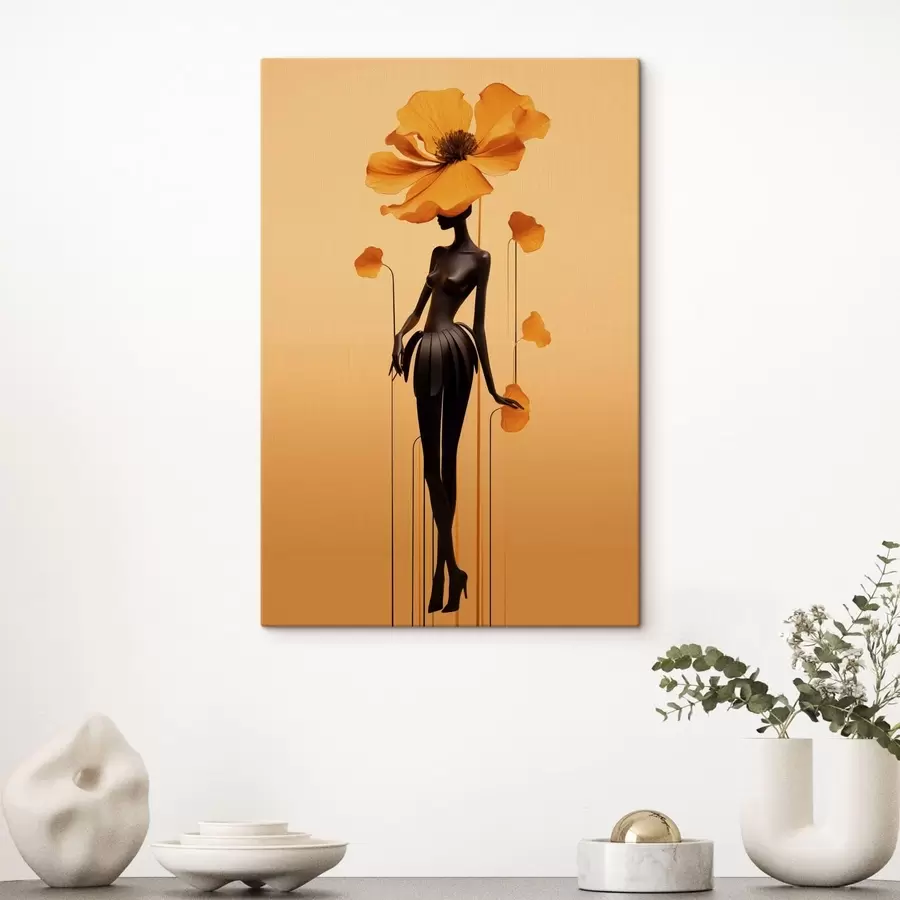  Peintures Une silhouette élégante ornée de fleurs sur un fond aux tons dégradés chauds s48619