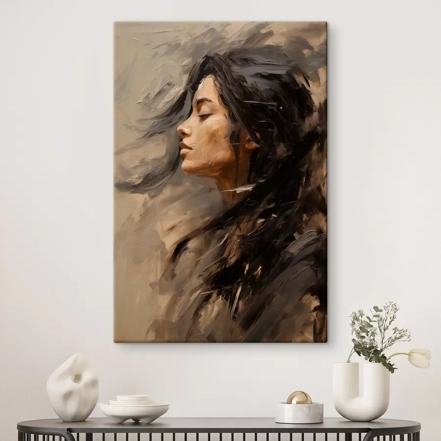  Peintures Profil féminin rendu par des touches picturales, dans des tons chauds s48621