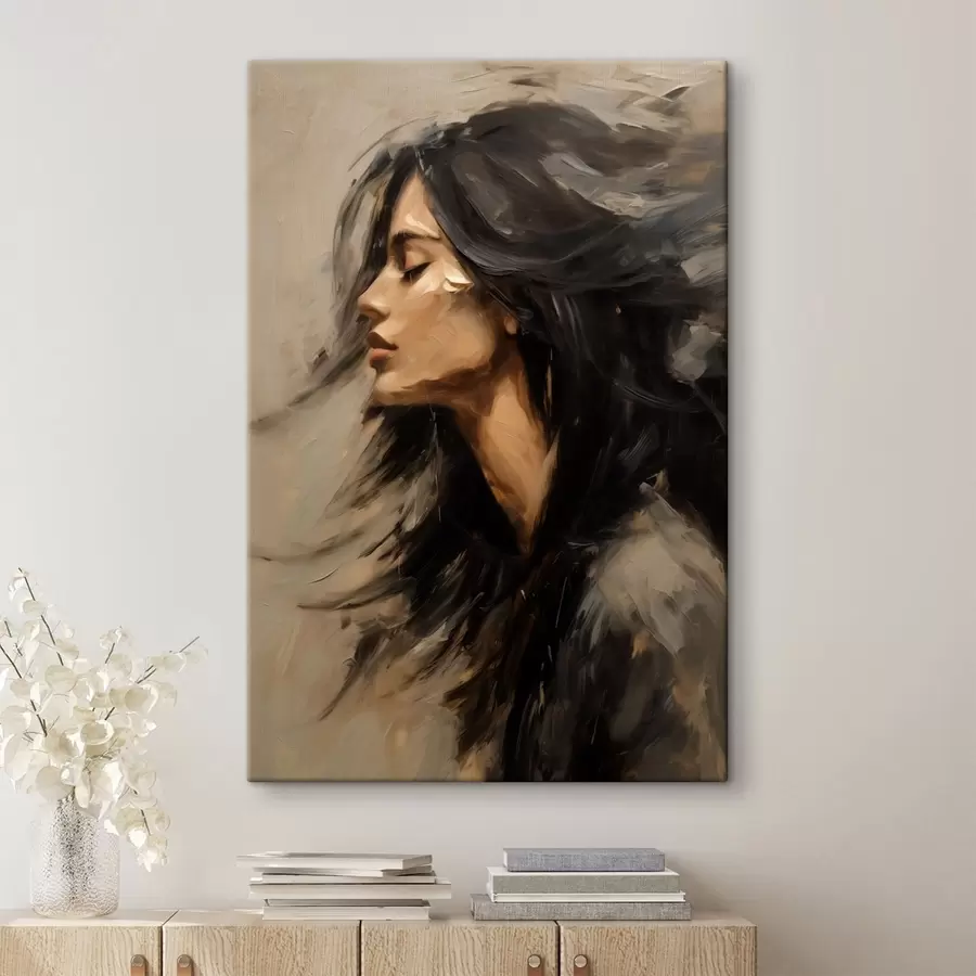  Peintures Portrait d'une femme aux cheveux flottants, dans un style pictural s48622