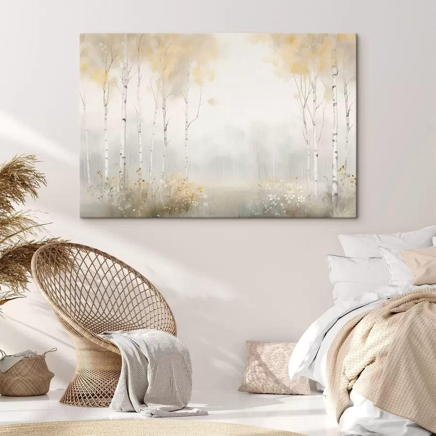  Peintures Une forêt d'arbres élancés dans la brume, dans des tons clairs et doux s48623