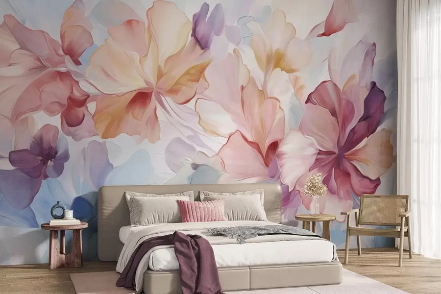 Fotobehang Abstracte fantasiebloemen in roze, perzikkleurige en lavendelkleurige tinten, uitgevoerd in een schilderachtige stijl met textuur w09767