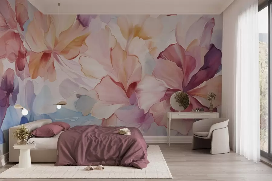 Fotobehang Abstracte fantasiebloemen in roze, perzikkleurige en lavendelkleurige tinten, uitgevoerd in een schilderachtige stijl met textuur w09767