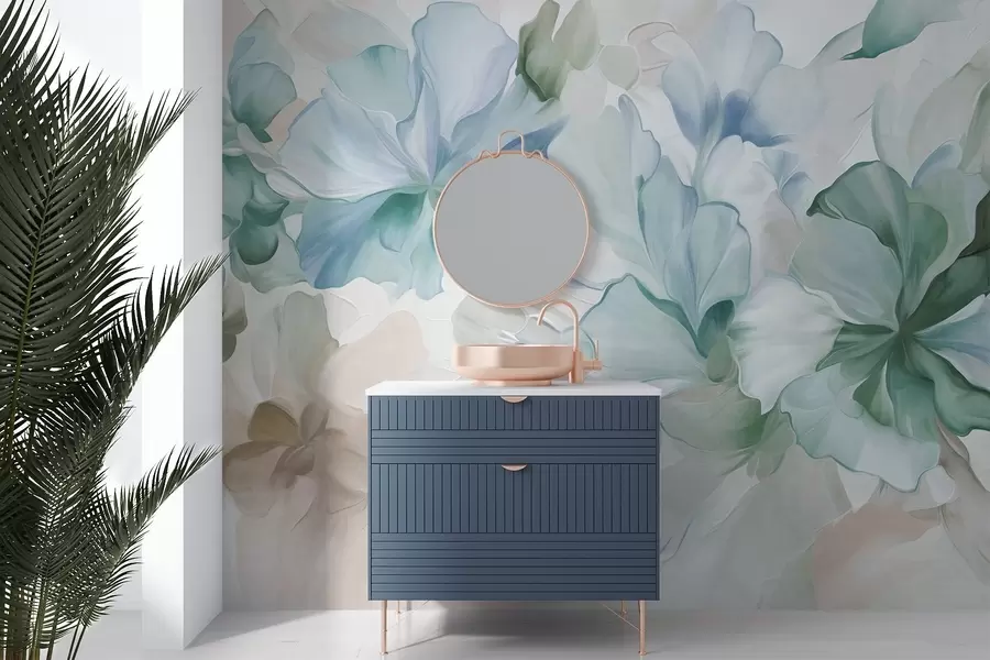 Fotobehang Abstracte fantasiebloemen in tinten groen, blauw en beige, uitgevoerd in een schilderachtige stijl met textuur w09767v1