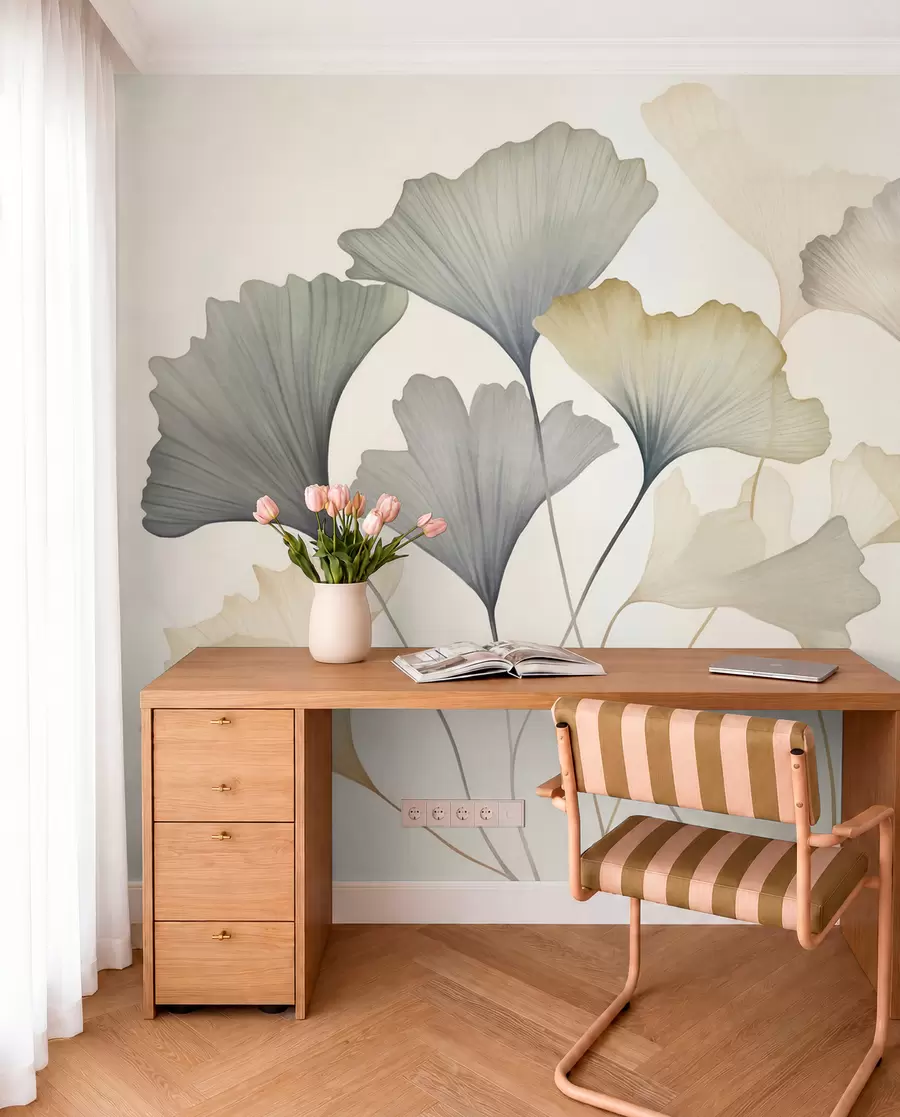 Fotobehang Abstracte ginkgobladeren in zachte pasteltinten zoals blauw, groen en perzik, kunst met textuur w09810