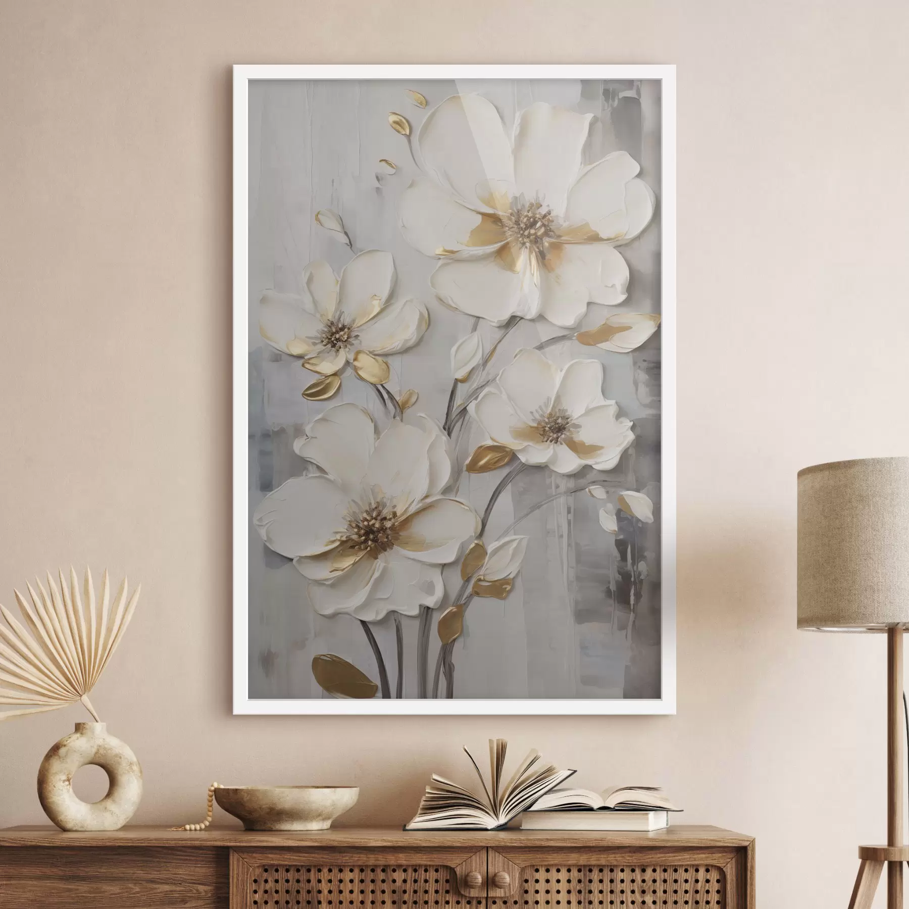 Papier peint photo Des fleurs blanches rehaussées de touches jaunes sur un fond texturé f48721