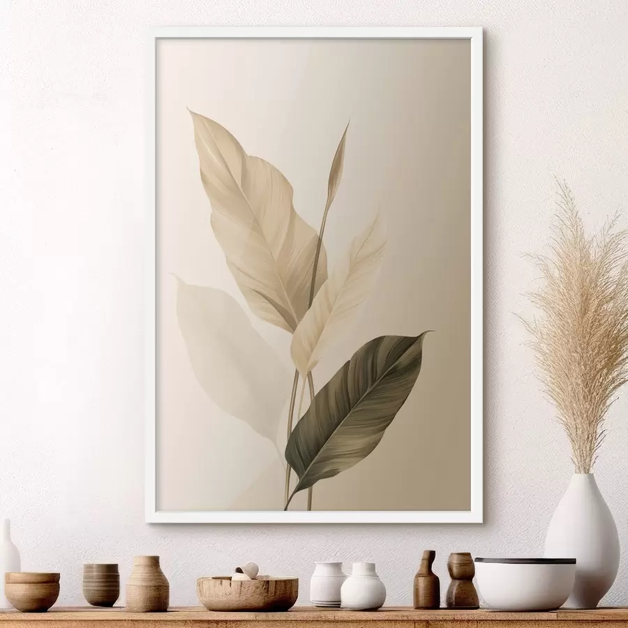 Papier peint photo Grandes feuilles tropicales dans des tons de beige et de marron, sur fond clair f48725