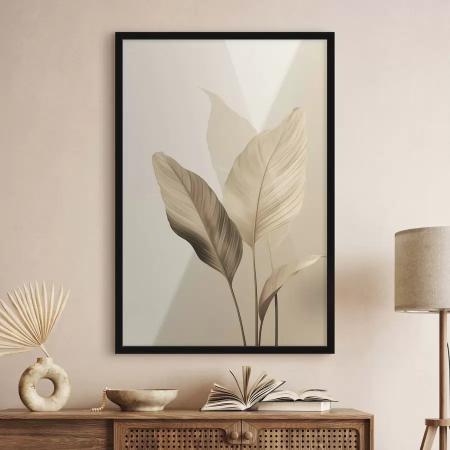 Papier peint photo Grandes feuilles tropicales dans des tons de beige et de marron, sur fond clair f48726