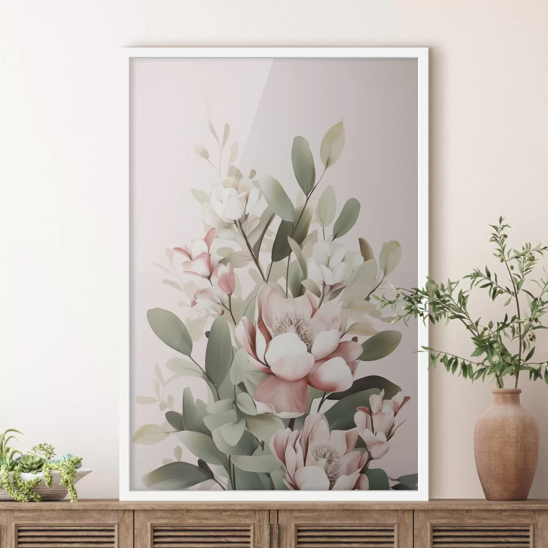 Papier peint photo Un bouquet de fleurs aux couleurs pastel avec des feuilles d'eucalyptus, sur fond rose pâle f48727