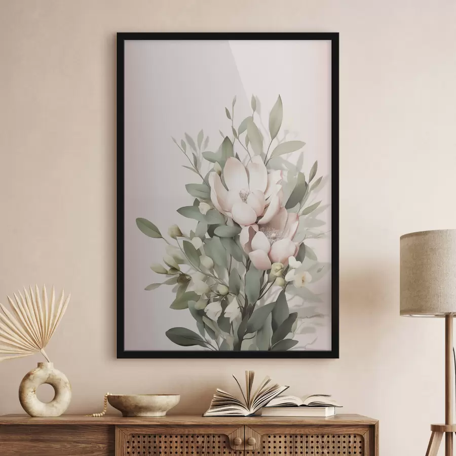 Papier peint photo Un bouquet de fleurs aux couleurs pastel avec des feuilles d'eucalyptus, sur fond rose pâle f48728