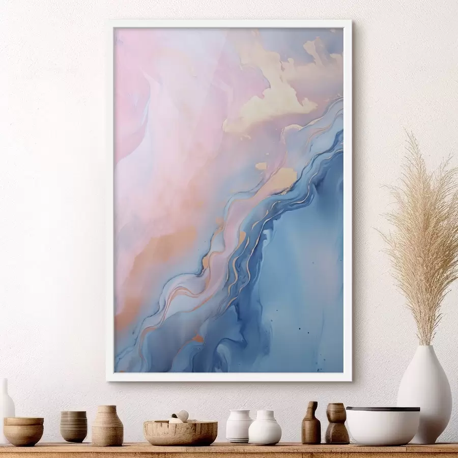 Papier peint photo Œuvre d'art fluide abstraite aux textures variées, avec des motifs tourbillonnants dans des tons roses et bleus f48729