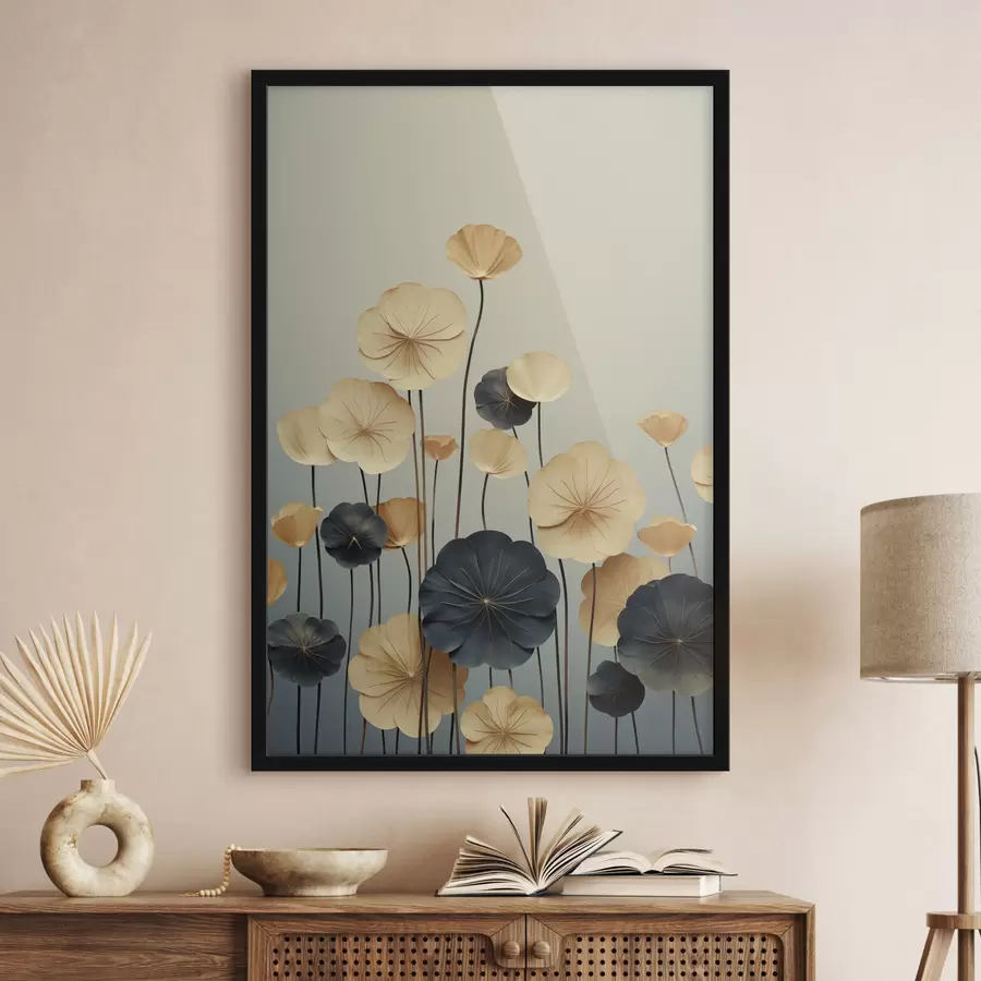 Papier peint photo Des feuilles de nénuphar sur un fond sobre de beige et de bleu foncé f48734