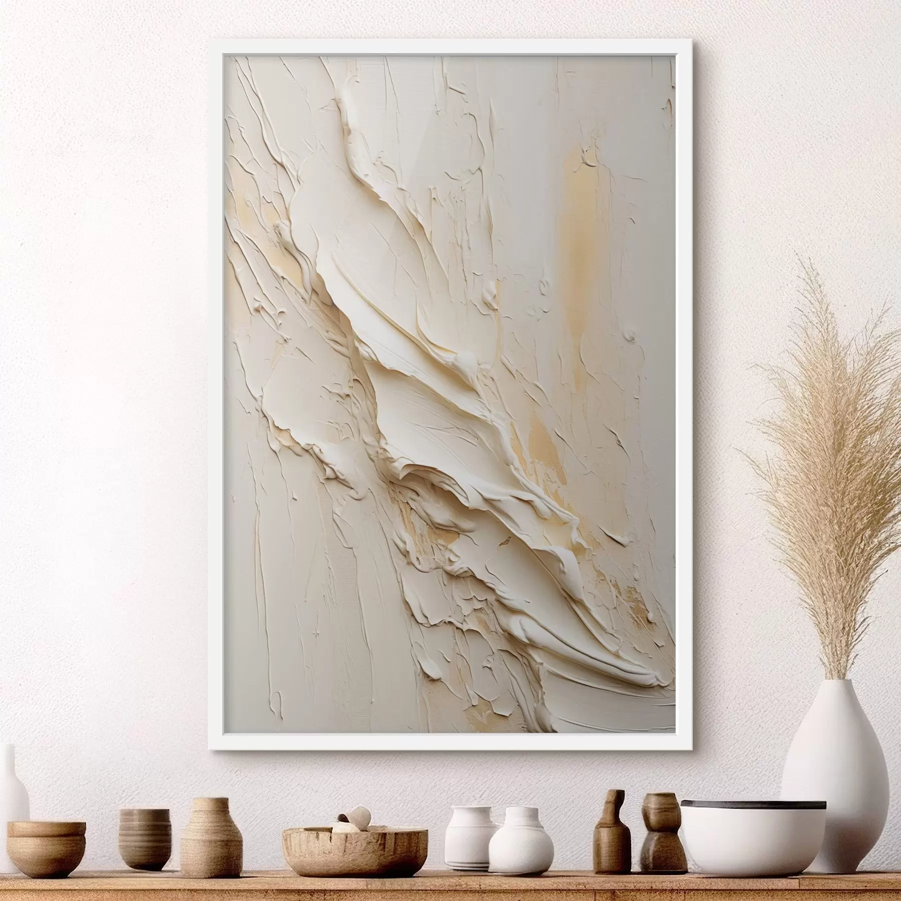 Fotobehang Schilderij in abstracte stijl met textuur in crème en beige, minimalistische kunst f48737