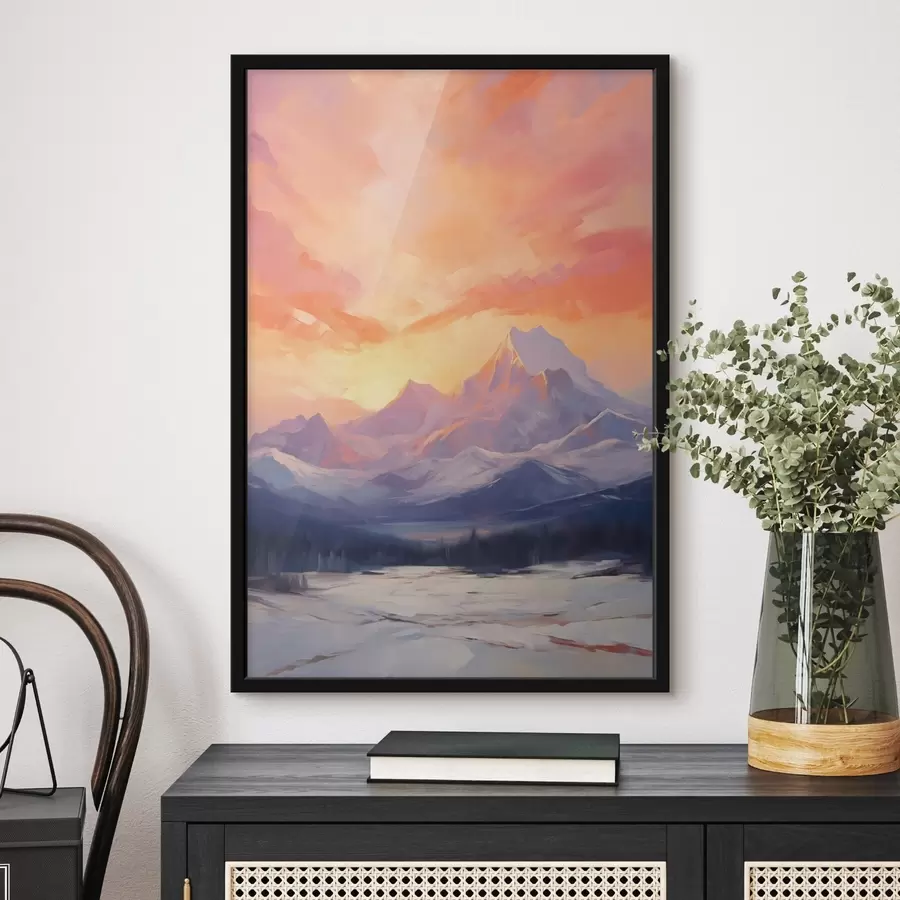 Papier peint photo Des montagnes aux sommets enneigés sous un ciel aux teintes vives d'orange et de rose, parsemé de nuages f48741