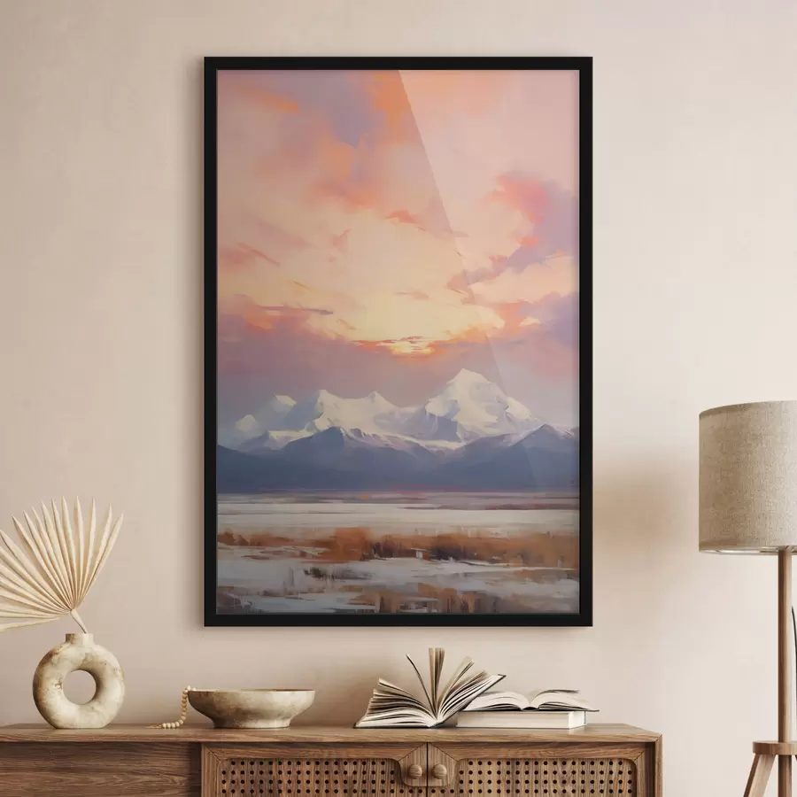 Papier peint photo Des montagnes aux sommets enneigés sous un ciel aux teintes vives d'orange et de rose, parsemé de nuages f48742