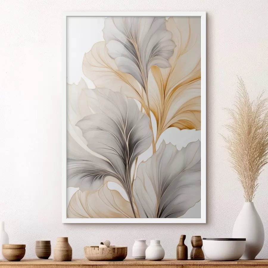 Papier peint photo De grandes feuilles translucides dans des tons de gris et de jaune f48745