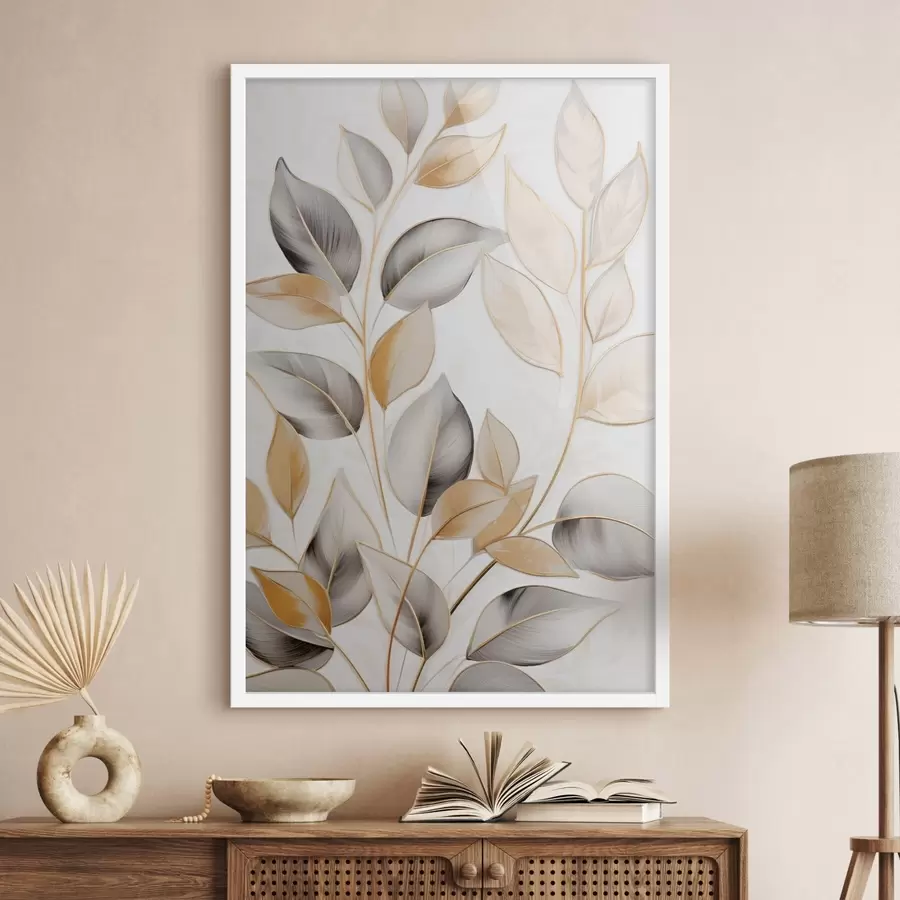 Papier peint photo De grandes feuilles translucides dans des tons de gris et de jaune f48746