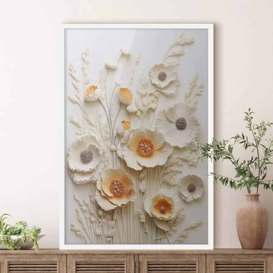 Papier peint photo Un bouquet de coquelicots crème et orange agrémenté de tiges de blé séchées f48747