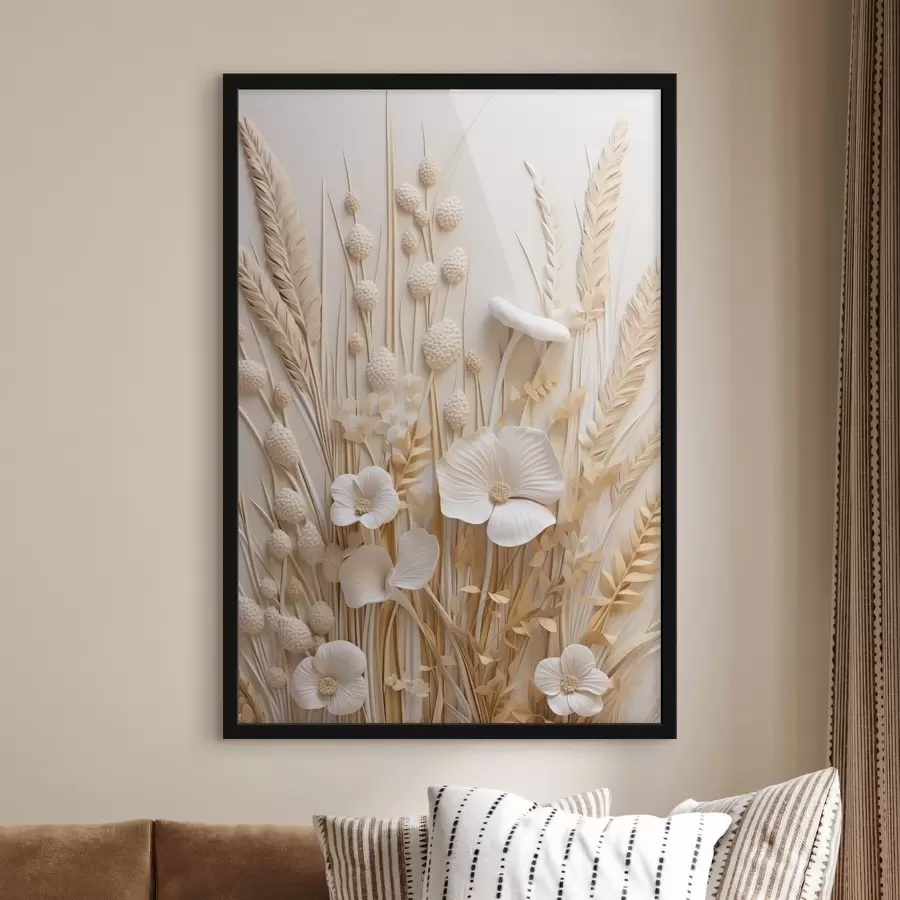 Papier peint photo Un bouquet de coquelicots crème agrémenté de tiges de blé séchées f48748