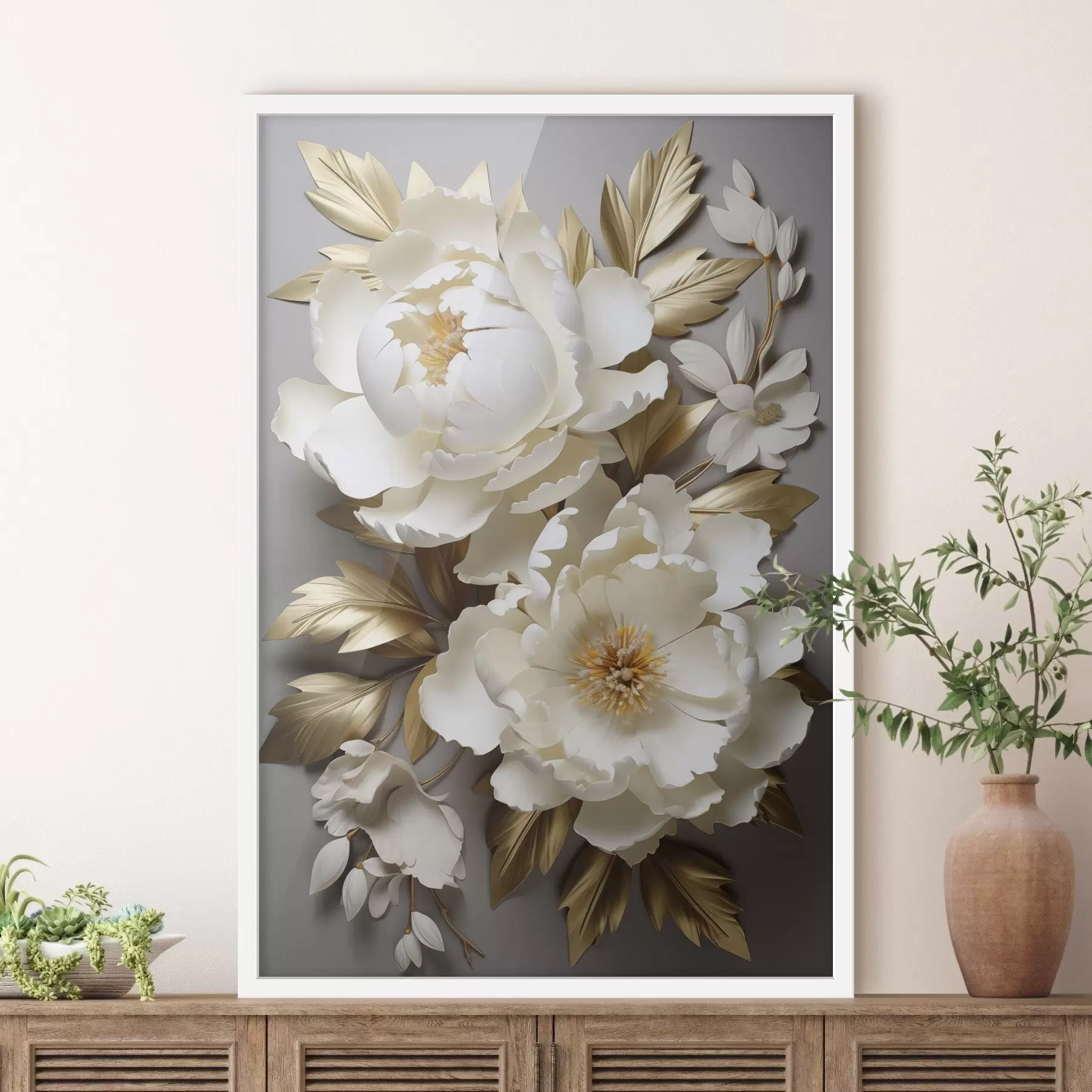  Peintures De grandes pivoines blanches aux feuilles jaunes sur fond gris f48753