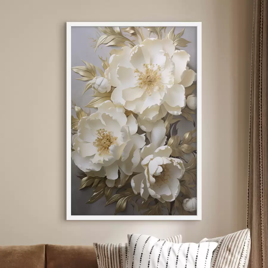 Papier peint photo De grandes pivoines blanches aux feuilles jaunes sur fond gris f48754