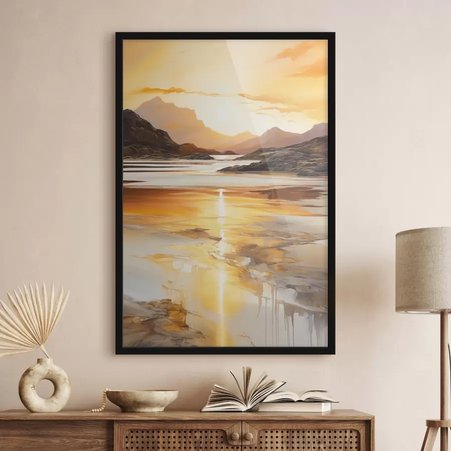 Papier peint photo Un paysage avec une rivière et des montagnes sous un ciel orange aux teintes chaudes, au coucher du soleil f48755