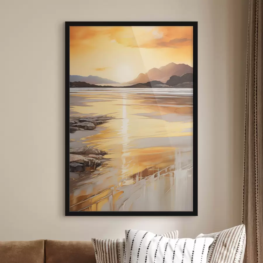 Papier peint photo Un paysage avec une rivière et des montagnes sous un ciel orange aux teintes chaudes, au coucher du soleil f48756