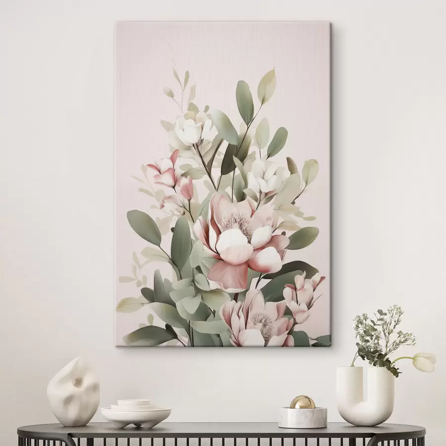  Peintures Un bouquet de fleurs aux couleurs pastel avec des feuilles d'eucalyptus, sur fond rose pâle s48727