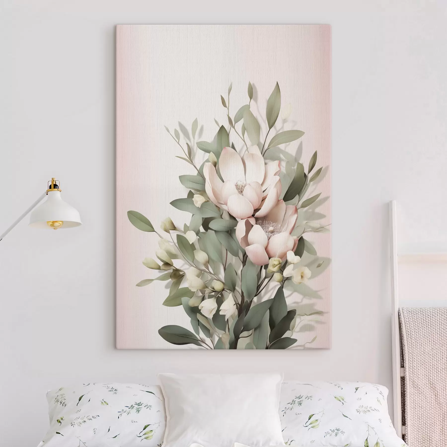  Peintures Un bouquet de fleurs aux couleurs pastel avec des feuilles d'eucalyptus, sur fond rose pâle s48728