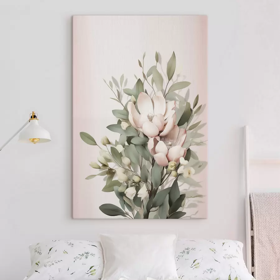  Peintures Un bouquet de fleurs aux couleurs pastel avec des feuilles d'eucalyptus, sur fond rose pâle s48728