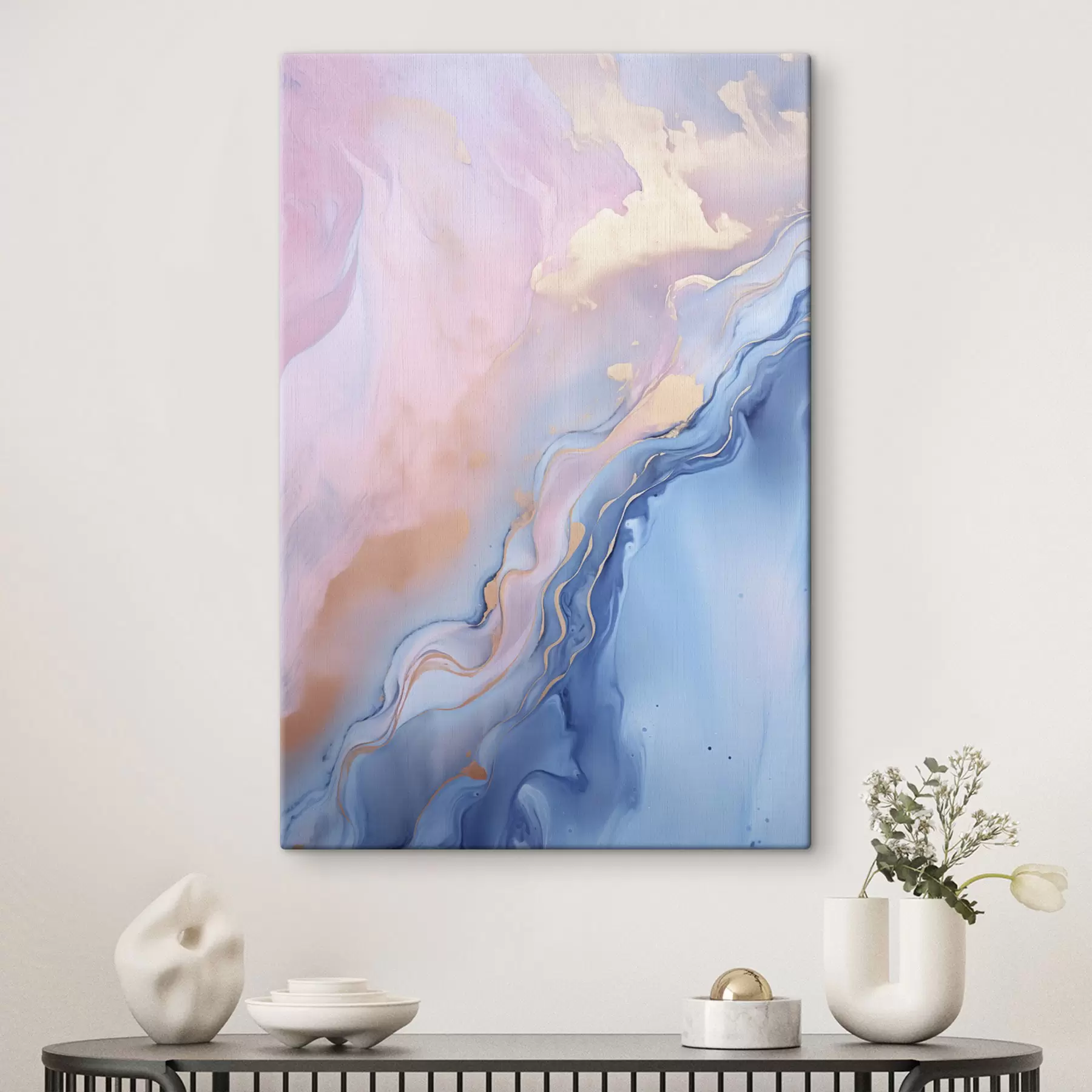  Schilderijen Abstracte, gestructureerde vloeiende kunst met wervelende patronen in roze en blauwe tinten s48729