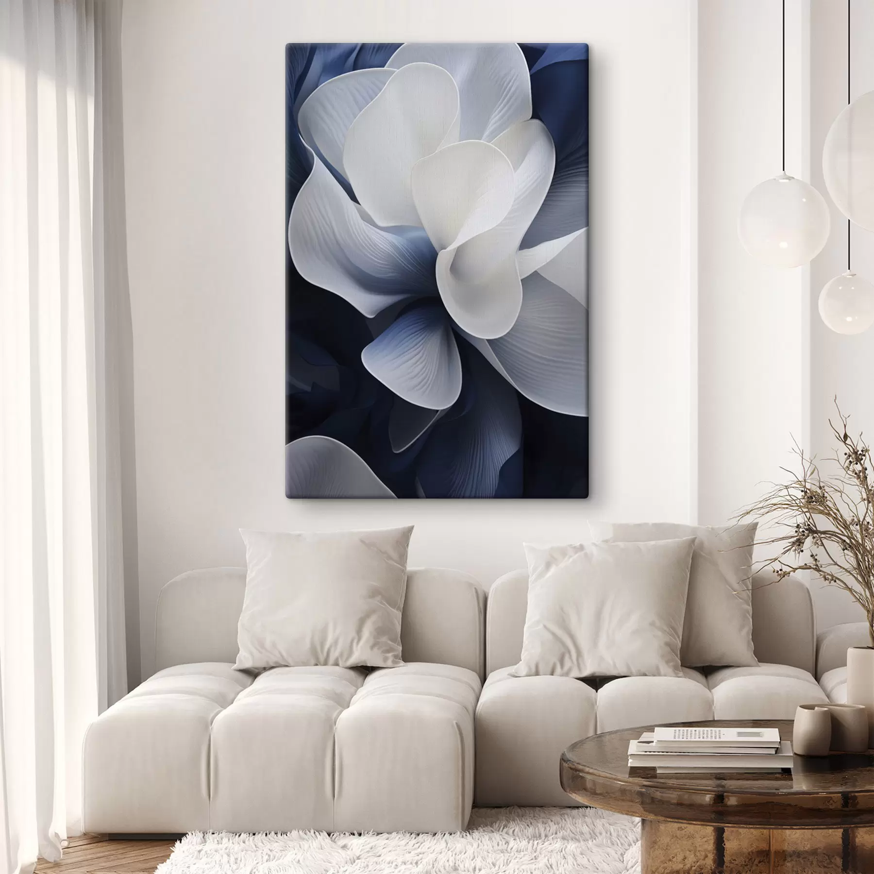  Schilderijen Abstracte blauw-witte bloemblaadjes tegen een donkere achtergrond s48732