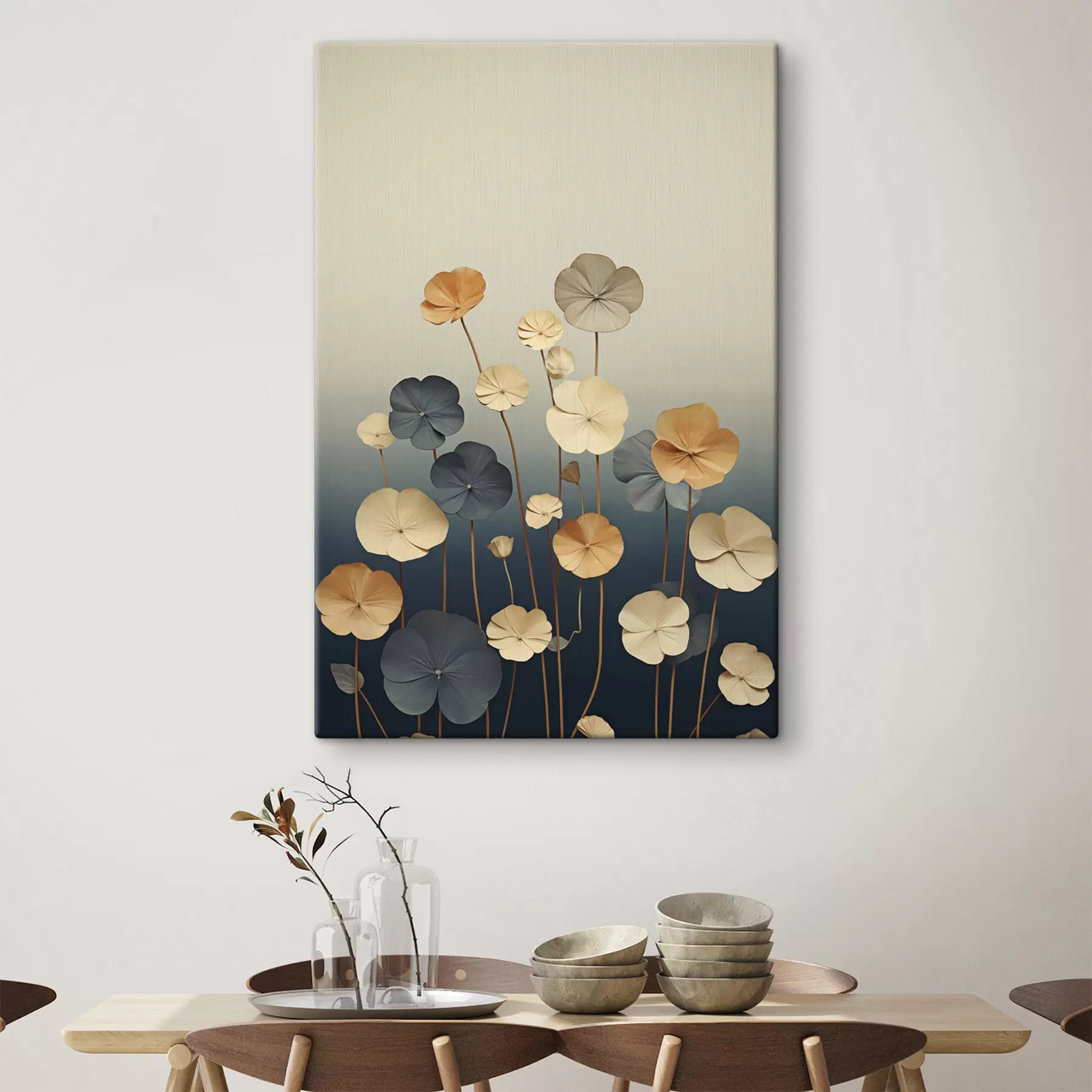  Peintures Des feuilles de nénuphar sur un fond sobre de beige et de bleu foncé s48733