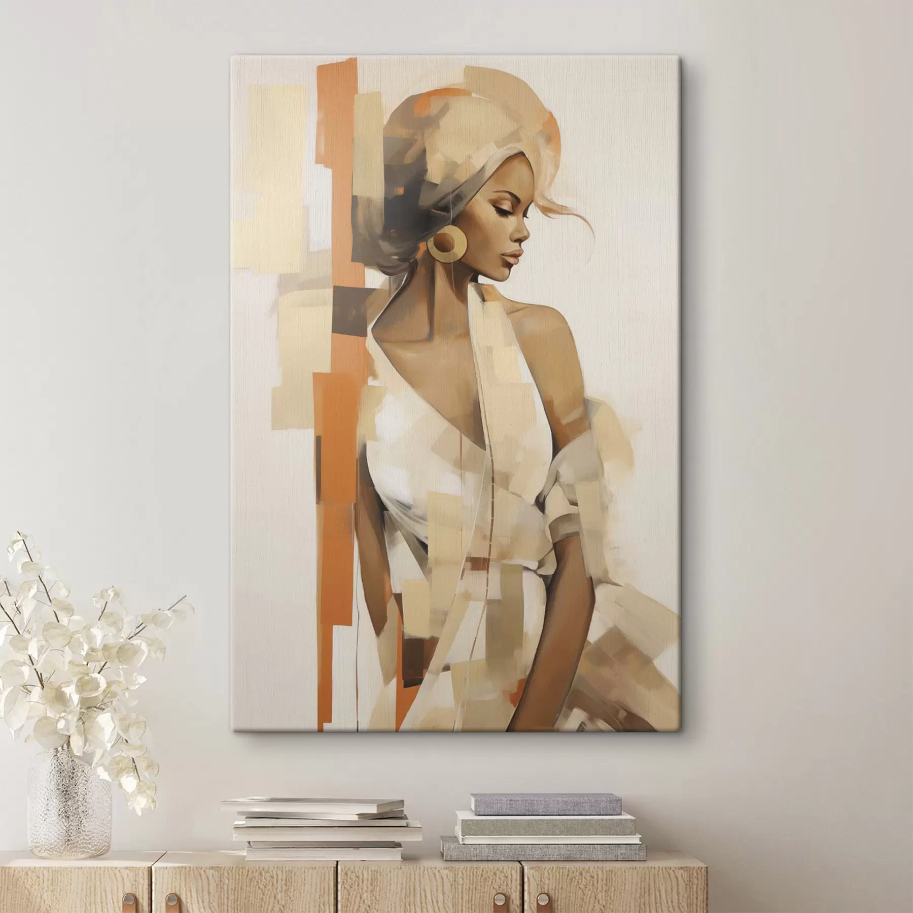  Peintures Portrait abstrait d'une femme avec des formes orange et beiges s48735