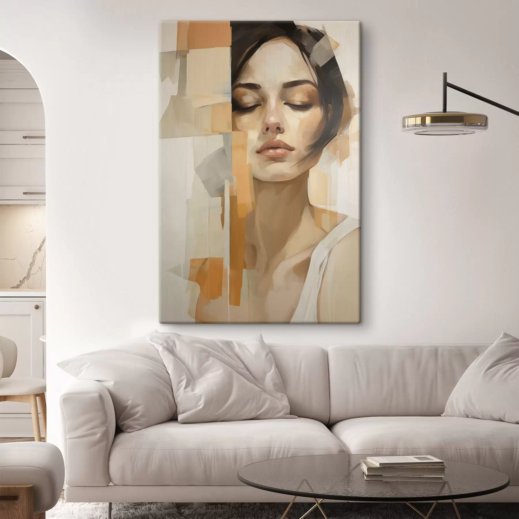 Peintures Portrait abstrait d'une femme avec des formes orange et beiges s48736