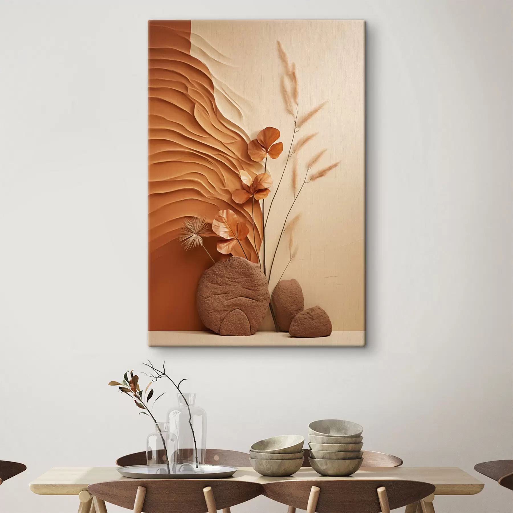  Peintures Une œuvre minimaliste composée de fleurs séchées et d'herbe de la pampa, sur un fond texturé s48739