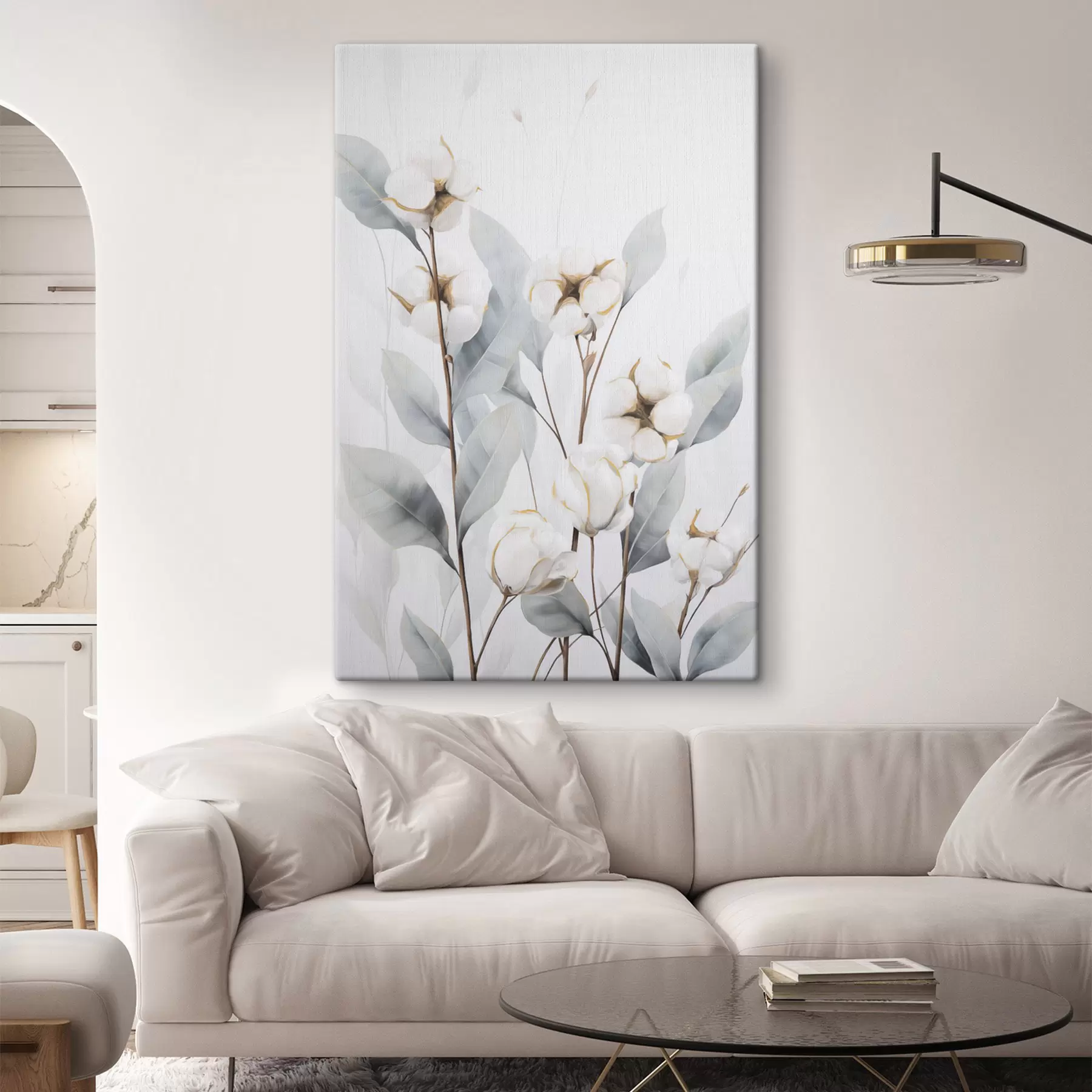 Peintures Un cotonnier blanc aux feuilles bleu-vert pâle sur un fond clair s48744