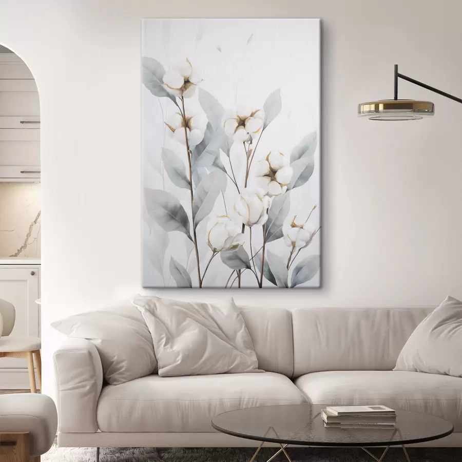  Peintures Un cotonnier blanc aux feuilles bleu-vert pâle sur un fond clair s48744