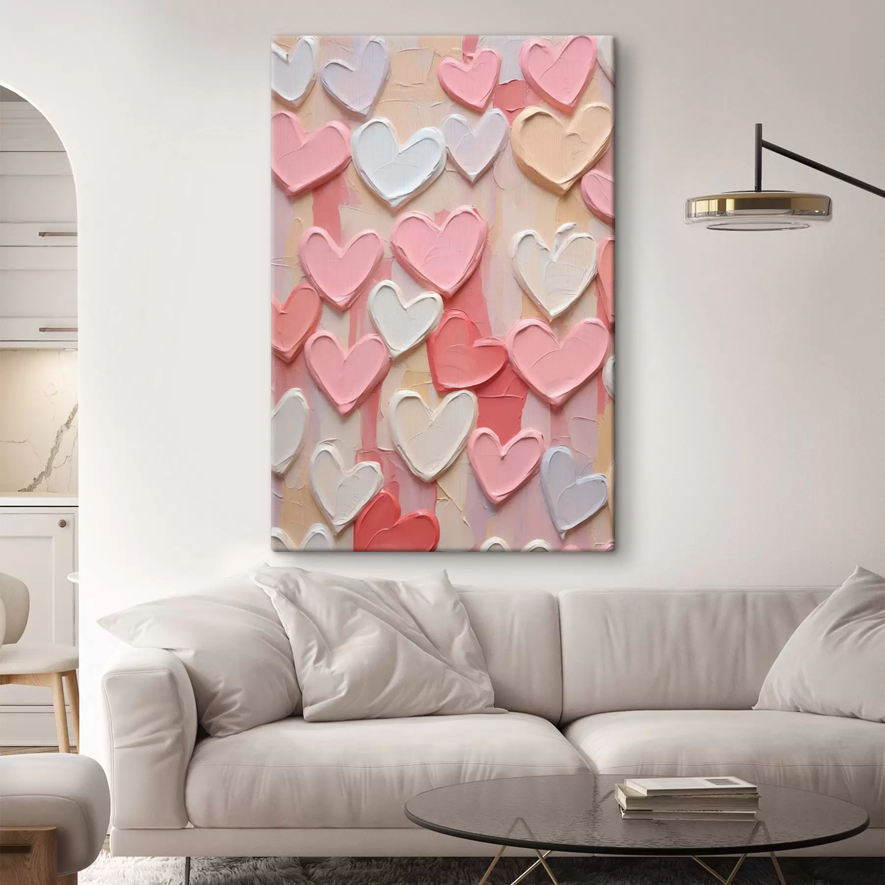  Schilderijen Hartjes in verschillende tinten perzik en roze, uitgevoerd in een gestructureerde, geschilderde stijl s48751