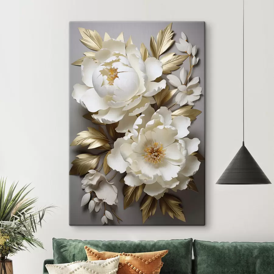  Peintures De grandes pivoines blanches aux feuilles jaunes sur fond gris s48753