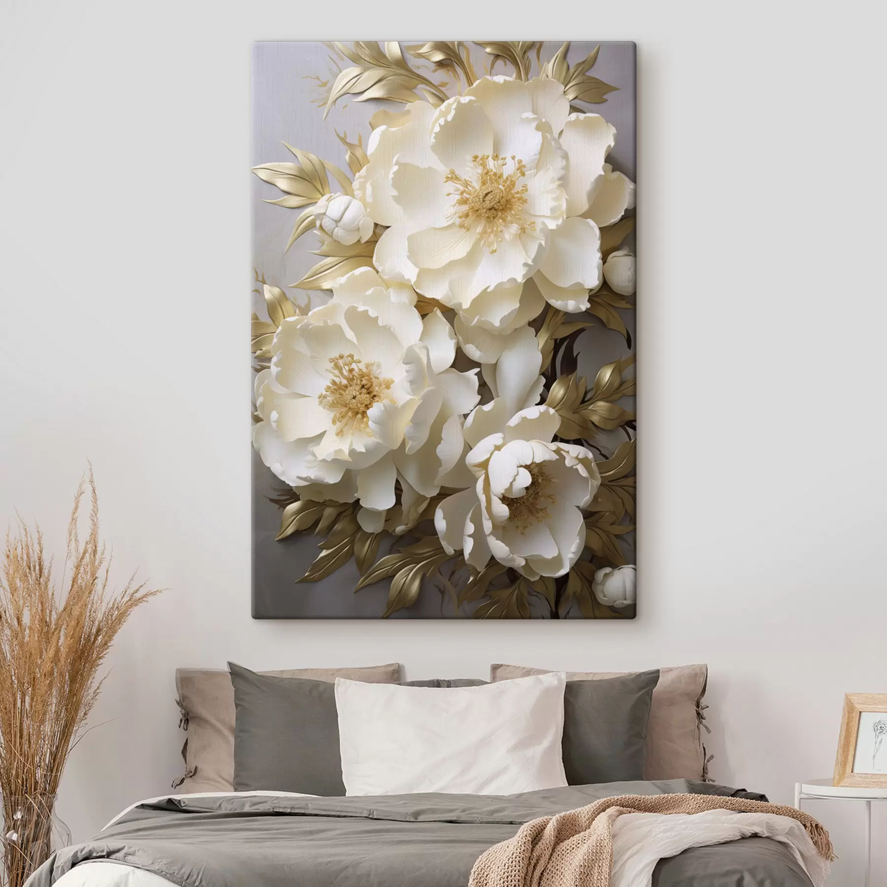  Peintures De grandes pivoines blanches aux feuilles jaunes sur fond gris s48754