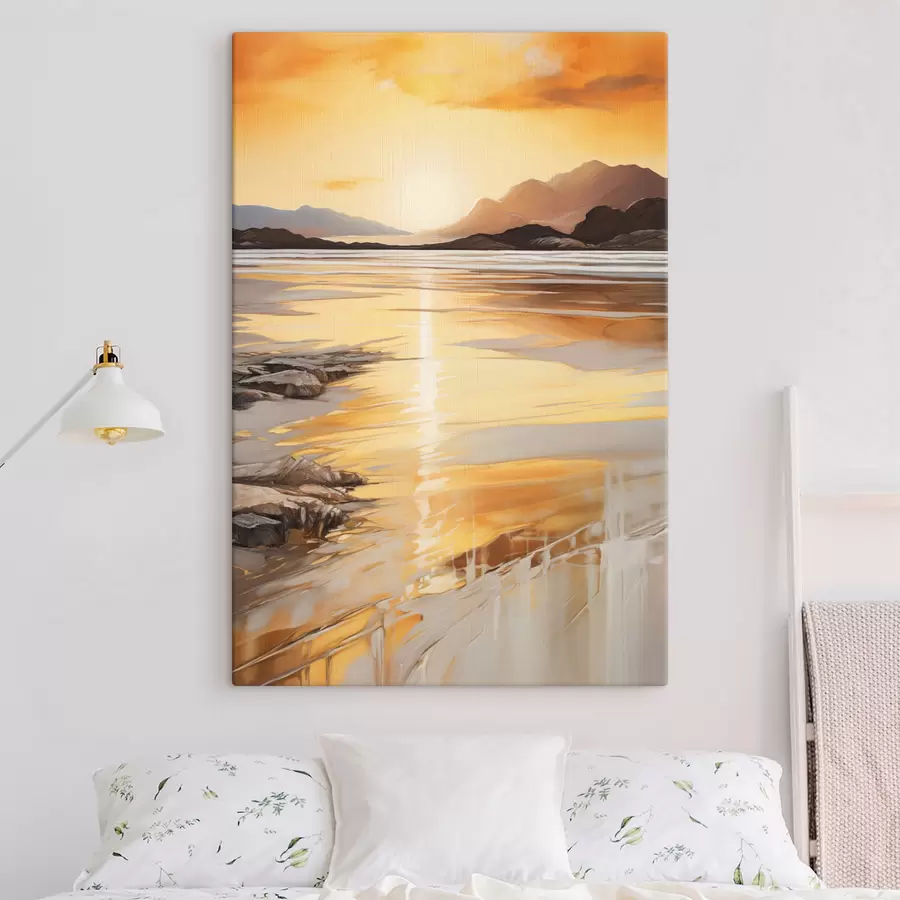  Peintures Un paysage avec une rivière et des montagnes sous un ciel orange aux teintes chaudes, au coucher du soleil s48756