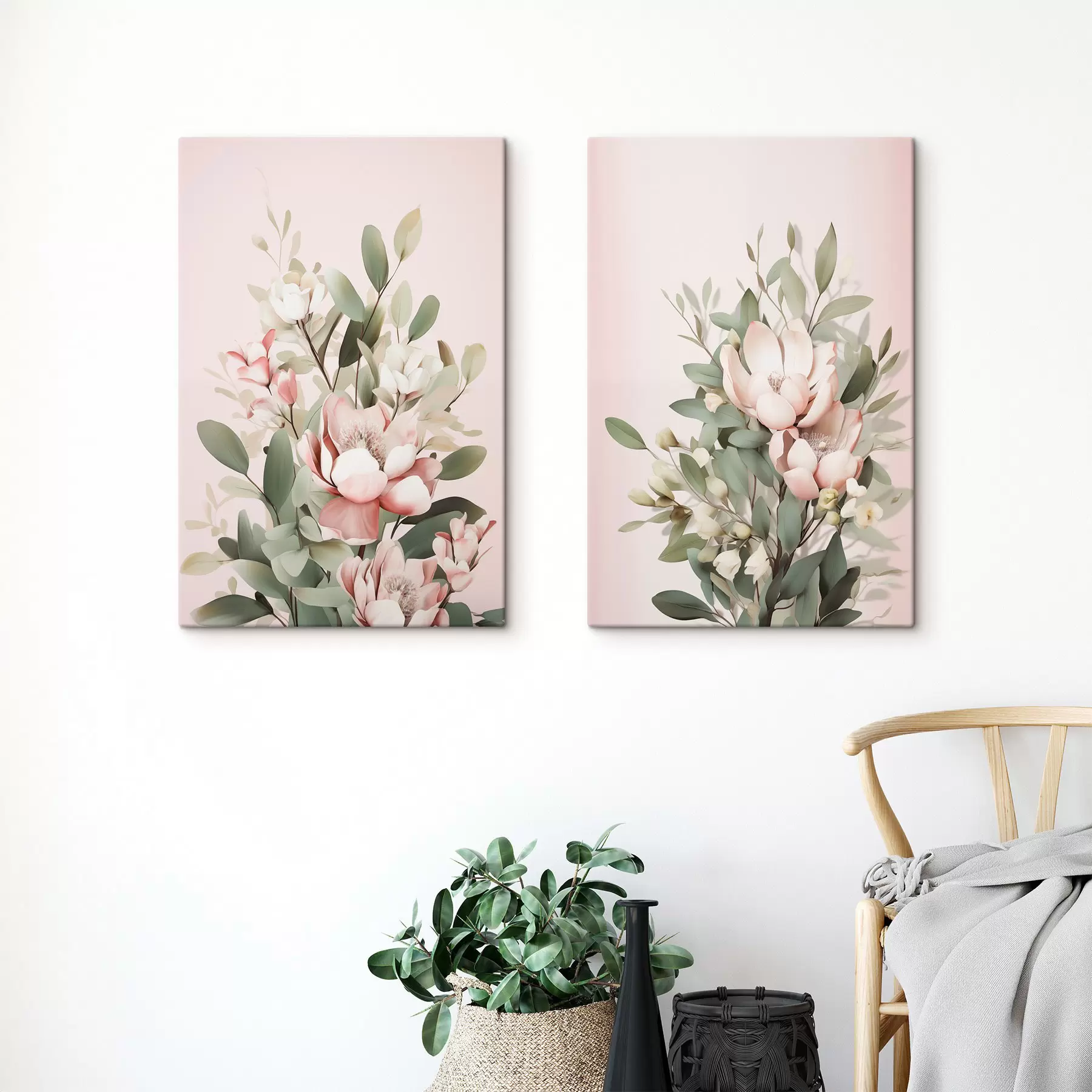  Schilderijen Een boeket pastelkleurige bloemen met eucalyptusbladeren, op een lichtroze achtergrond m30314