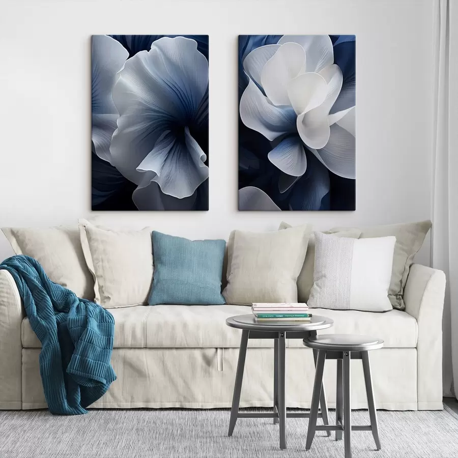  Peintures Pétales de fleurs abstraites bleues et blanches sur fond sombre m30316