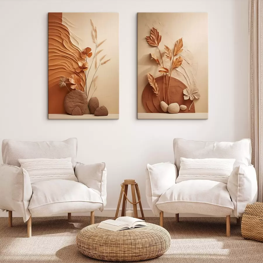  Peintures Une œuvre minimaliste composée de fleurs séchées et d'herbe de la pampa, sur un fond texturé m30320