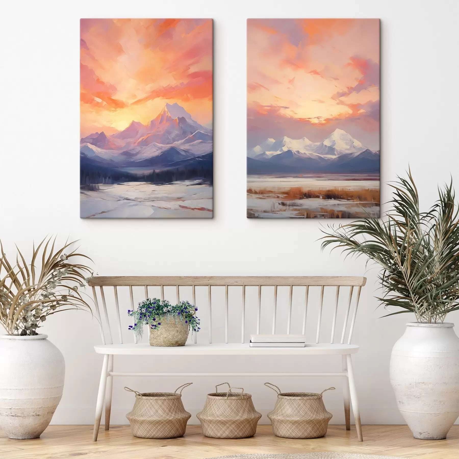  Peintures Des montagnes aux sommets enneigés sous un ciel aux teintes vives d'orange et de rose, parsemé de nuages m30321