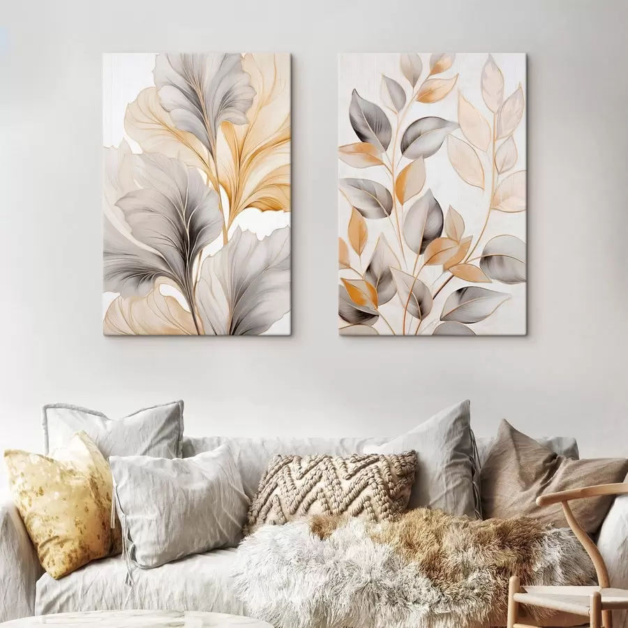 Fotobehang Grote, doorschijnende bladeren in grijze en gele tinten m30323