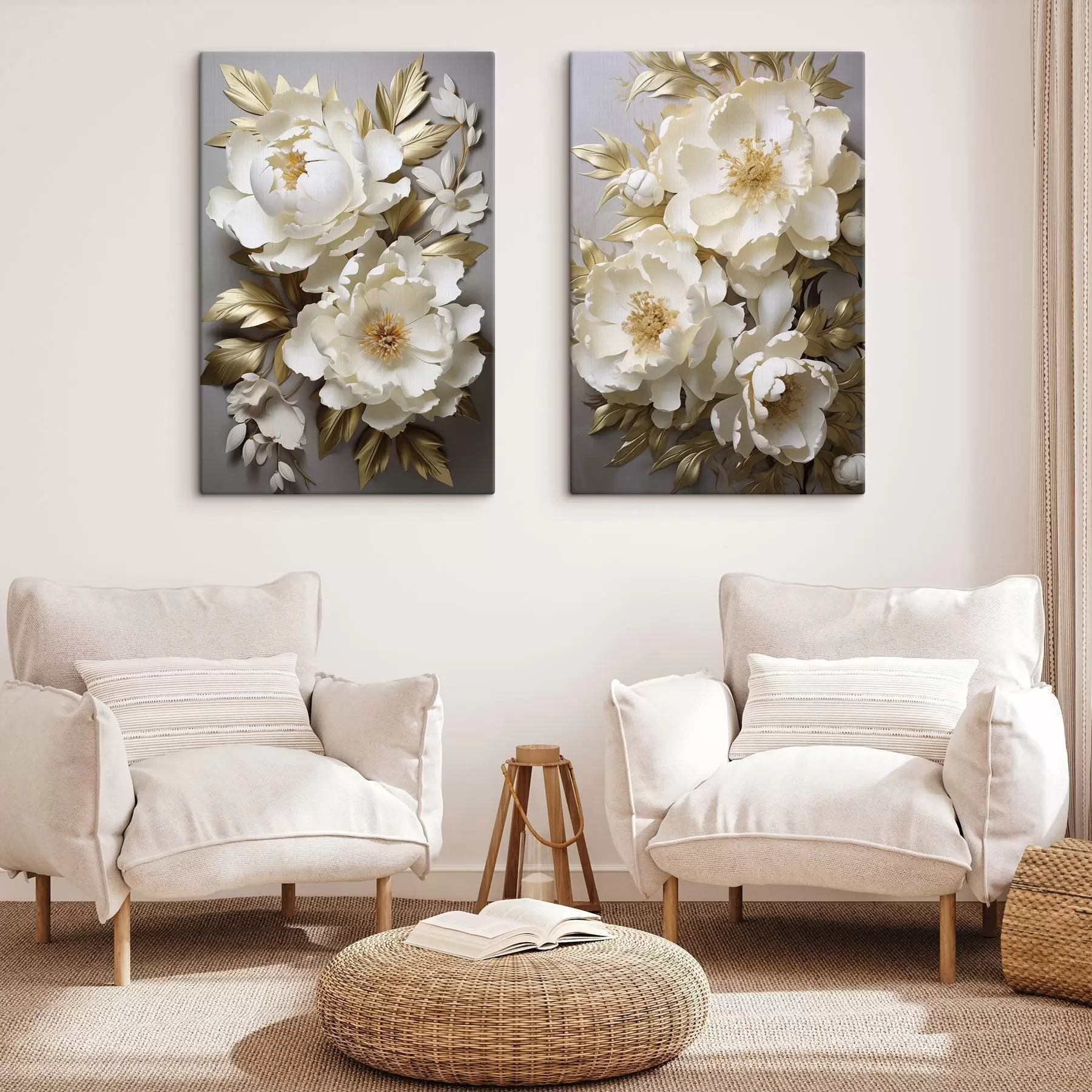 Papier peint photo De grandes pivoines blanches aux feuilles jaunes sur fond gris m30327